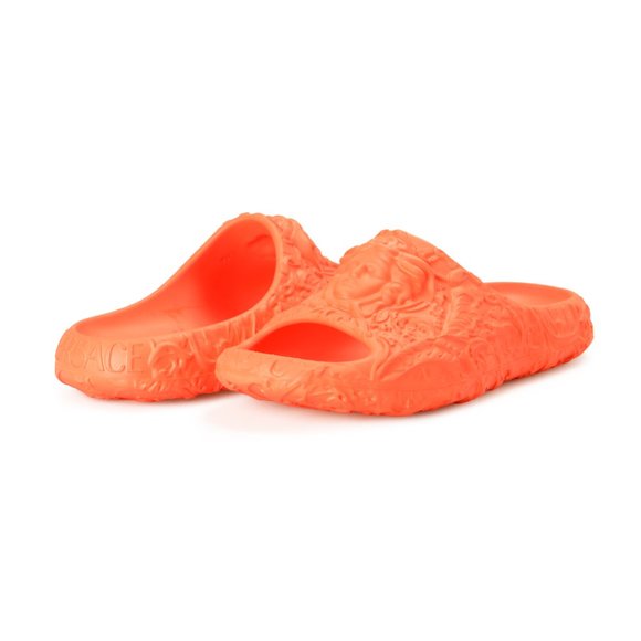 Versace Men\'s Orange Baroque Medusa Head Embossed Pool Slide Flip Flops Shoes